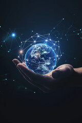 Abstract palm hands with global network connections, innovative technologies in the field of science and communication, Hand holding flying earth network global connection concept