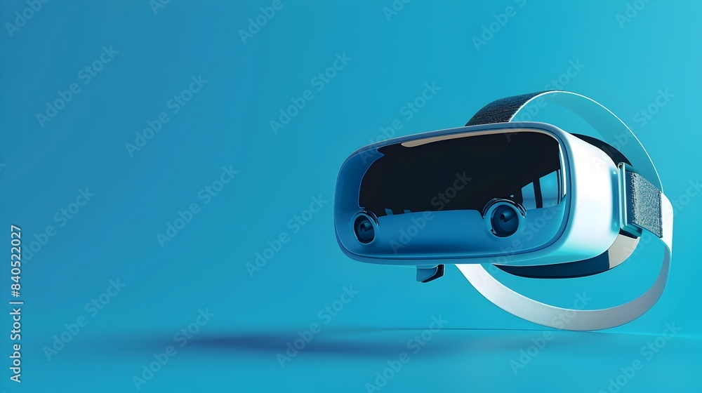 Poster detailed 3d rendering of a modern virtual reality headset with bright blue gradient background