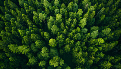 Aerial top view of summer green trees in forest