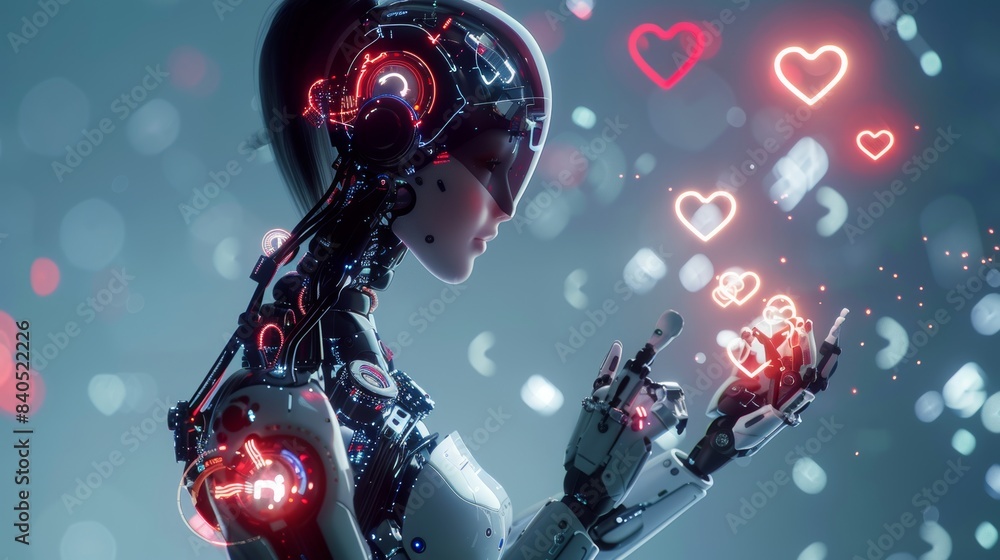 Poster it's robots with ai that take control of factories. robotic arms go into the control of ai. intuitiv