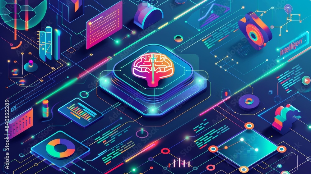 Poster a concept of artificial intelligence based on machine learning, digital technology and cyber minds. 