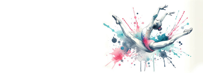 Illustration of a rhythmic gymnast in action on a colorful watercolor background. Sports concept, competition, healthy lifestyle. Suitable for sports events, gymnastics brands, and Olympic promotions.