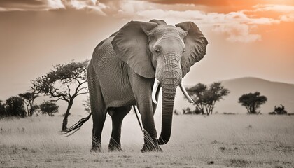 A majestic elephant stands tall in the African savanna, surrounded by sparse vegetation and distant trees. The monochrome palette emphasizes the elephant's grandeur and the vastness of its habitat. 