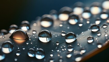 Firefly closeup of Drops of Water on a dark background with small amount of light shining through.