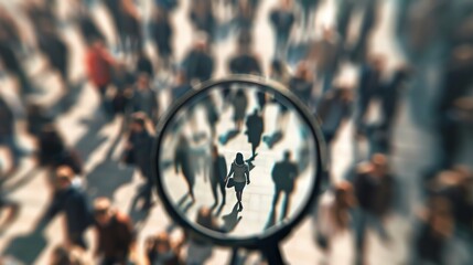 Crowd of people with a focused magnifying glass emphasizing one person, representing focus, individuality, and attention to detail.