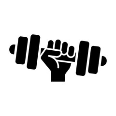 Hand with dumbbell icon. Gym and fitness black symbol. Training vector illustration.