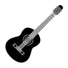 Fototapeta premium Acoustic guitar vector illustration. Musical instrument black icon. Classical guitar filled design concept.