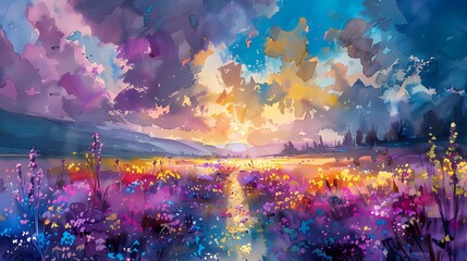 Watercolor rapeseed field landscape illustration poster background