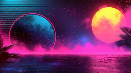 Digital retro landscape 1980's style retro wave sunset and mountain. Futuristic cyber surface. 80s Retro Sci-Fi background. View illustration in retro futuristic in the style of the 80-90s.
