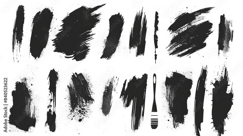 Poster bundle of brushes in a big isolated collection with diagonal grunge design elements. ink splatters. 