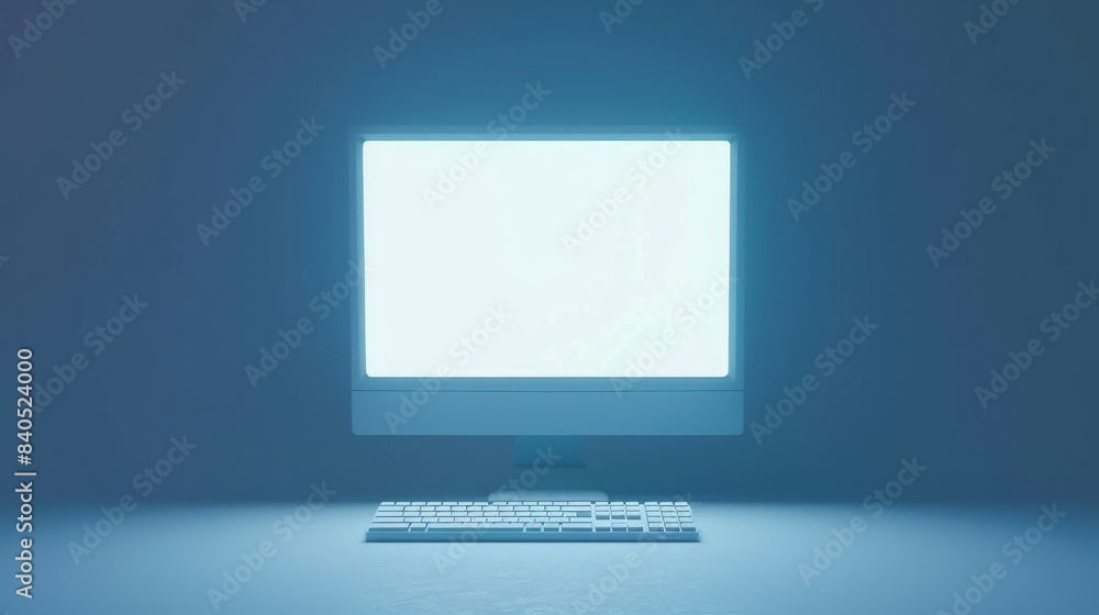 Poster mockup of monitor or pc with mouse and keyboard on white background, isolated in 3d. ideal for websi
