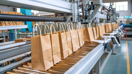 A production line in a factory manufacturing eco-friendly paper bags. The image shows an automated process with several bags on the conveyor belt