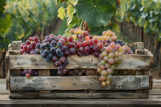 Zebrane winogrona w drewnianej skrzyni