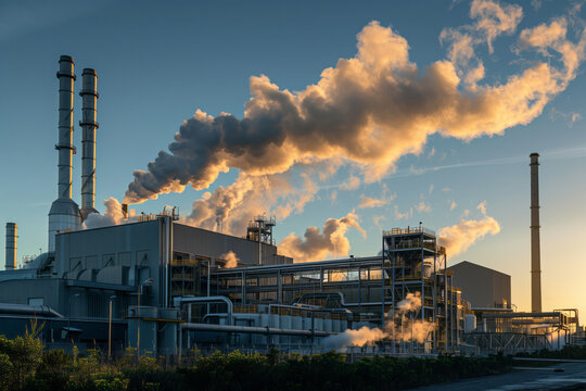 Industrial facility releasing smoke into the air during sunset, highlighting environmental pollution and industrial activities. Emphasis on the contrast between nature and industrialization