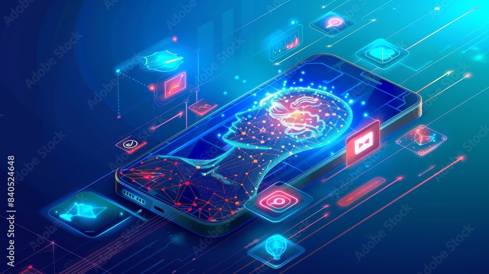 Poster technology concept for mobile online assistance with ai using a smartphone. cloud based chatbots and