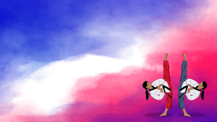 Korean taekwondo players high kick background