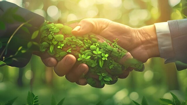 A double exposure image depicting a handshake overlaid with a lush green forest, symbolizing the union between business and nature in promoting sustainable practices.