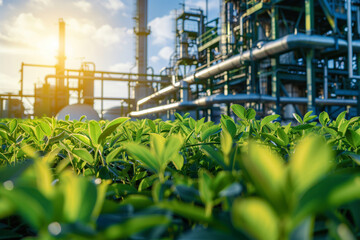 Safely generate green energy with an industrial factory and green plants, illuminated by sunlight, in the foreground. Low angle shot. Shallow depth of field
