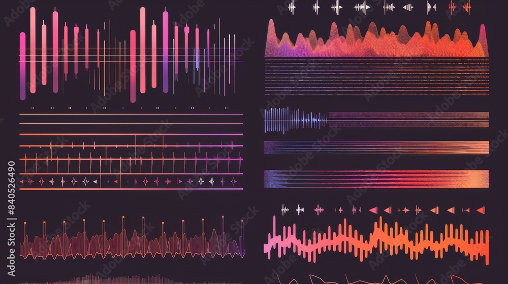 Poster colorful set of sound waves equalizers. futuristic set in a hud style - music waves, frequency audio