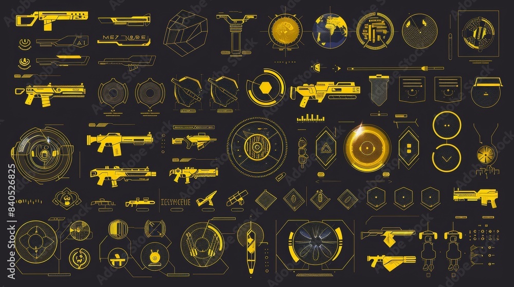 Poster the yellow hud, gui, ui digital elements set for vr, web design includes charts, abstract circles, l