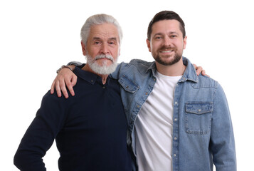 Happy son and his dad on white background