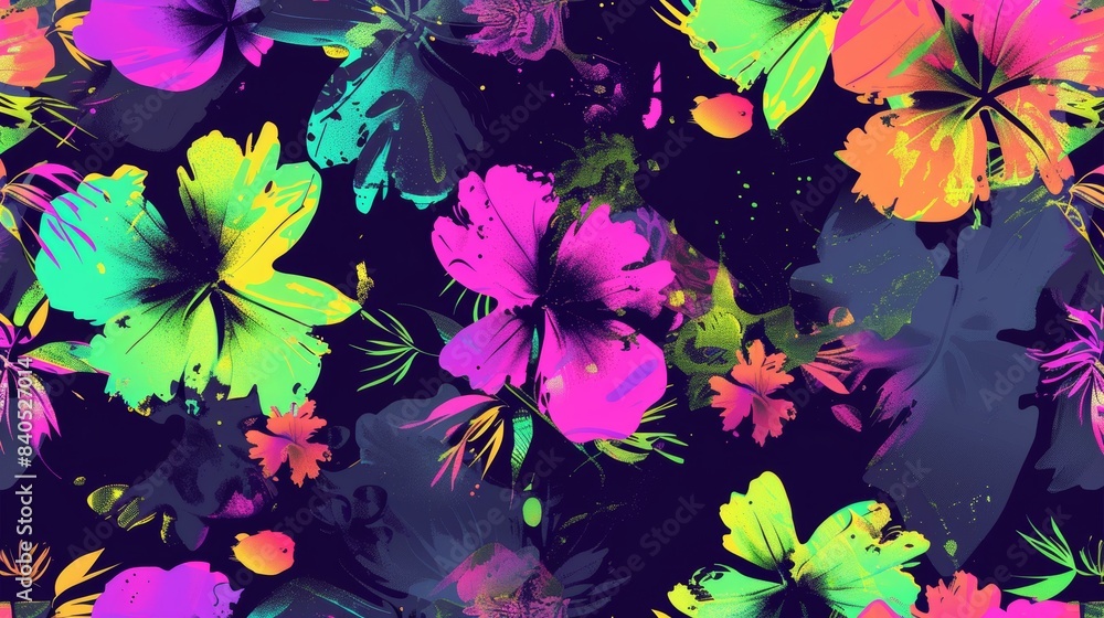 Poster an abstract pattern of grungy strokes with neon flowers, resembling a camouflage pattern. intended f