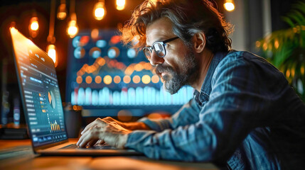 Successful and concentrated man trading currency and looking chart monitor abstract background. Stock market and trading concept