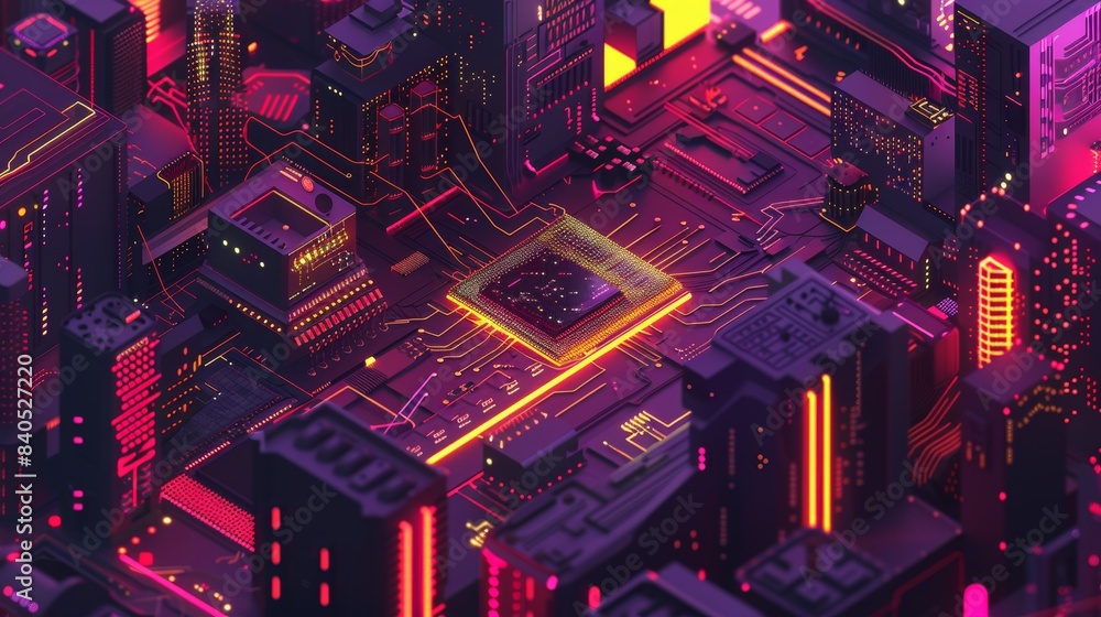 Poster an isometric gpu banner with lights and glow effects. cpu microchip, large data processing, database