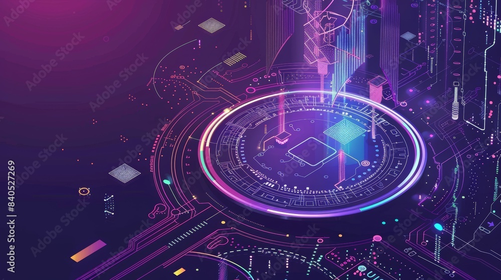 Poster isometric cpu microchip banner with lights and glow effects. data processing, big data, database con