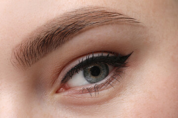 Fototapeta premium Makeup product. Woman with black eyeliner and beautiful eyebrow, closeup