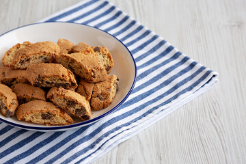 Chocolate Cantuccini on a Plate, side view. Space for text.