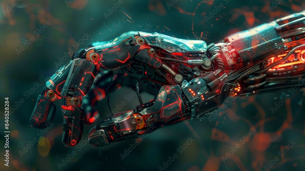 Poster a close-up view of a robotic hand with glowing red circuits and metallic joints, reaching out agains