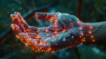 A close-up image of a hand with implanted biohacking technology, glowing with light, extending from a lush green background