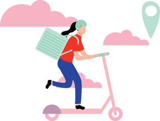 The girl is going to make a delivery on an electric scooter.