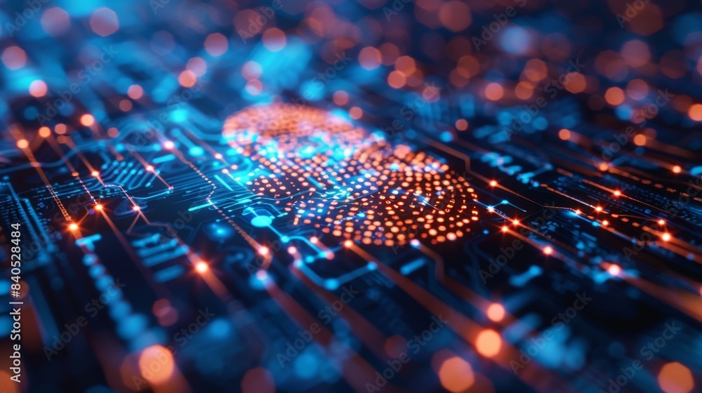 Poster a close-up image of a digital fingerprint on a futuristic circuit board, symbolizing the evolving wo