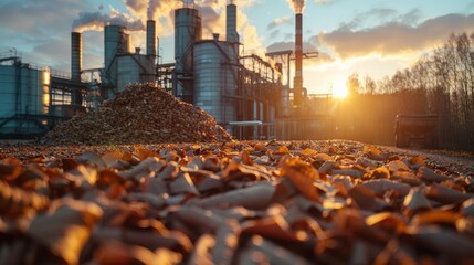 A large industrial facility produces energy from organic materials, with a golden sunset illuminating the scene