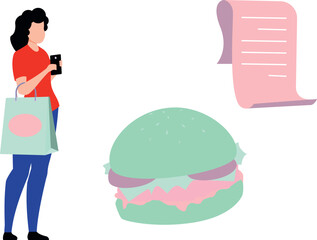 The girl is looking at her food order.