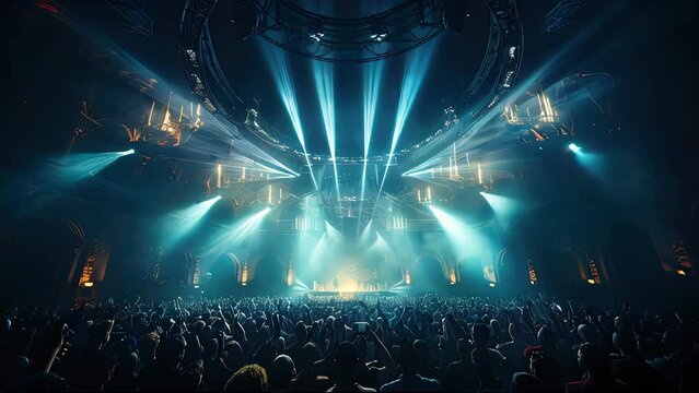 Huge dance floor in a big hall in the nightclub. Colored bright lights from the stage. Crowd of thousands of young people standing in awe, having fun