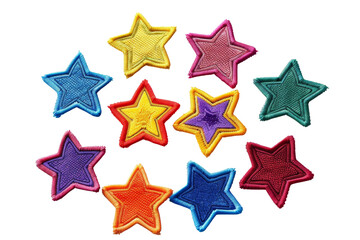 Colorful fabric star patches in a variety of bright colors arranged in a cluster. Ideal for crafts, sewing projects, or decoration.