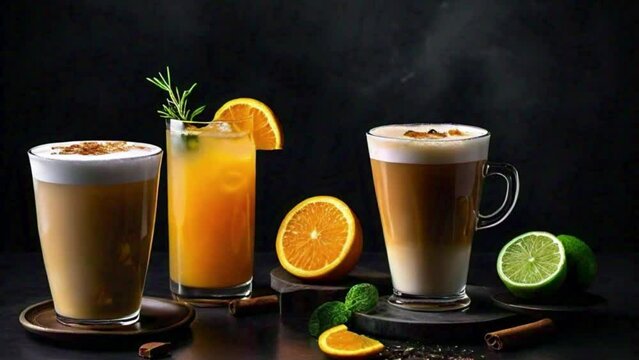 Glass of coffee and juice with lamon and orange