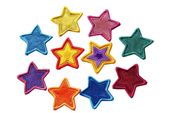 Colorful fabric star patches in a variety of bright colors arranged in a cluster. Ideal for crafts, sewing projects, or decoration.