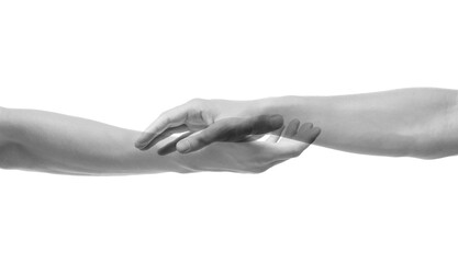 Double exposure of people's hands on white background, closeup. Black and white effect