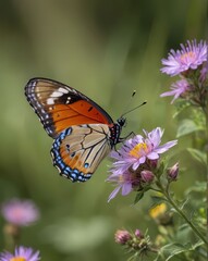 Obraz premium A close-up of a colorful butterfly perched on a wildflower in a lush meadow, with soft focus on the background