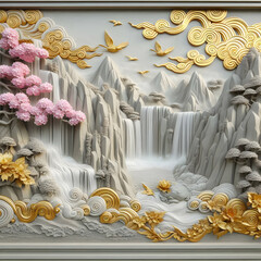 Serene Gold: Volumetric Stucco Molding with Japanese Mountains and Waterfalls