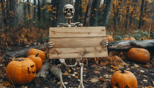 Bone-chilling Beware: Haunted Skeleton and Pumpkins in the Creepy Woods, Spooky, Nightmare, Horror, spine-tingling