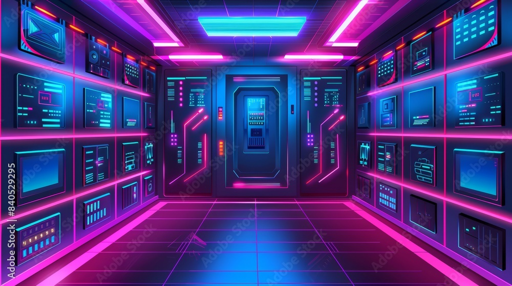 Poster a server room with servers for cloud storage. a dark data center with data signals in the background