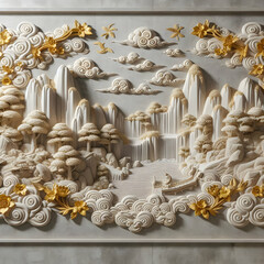 Golden Tranquility: Japanese Stucco Art with Waterfalls and Mountains