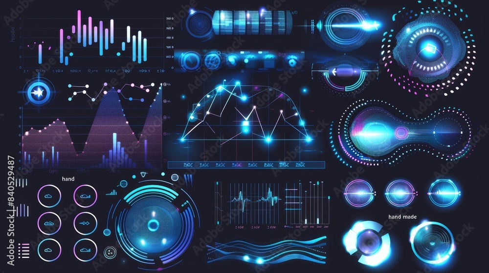 Poster an audio equalizer with ui futuristic elements, a circle sound with music and voice symbols, and a c