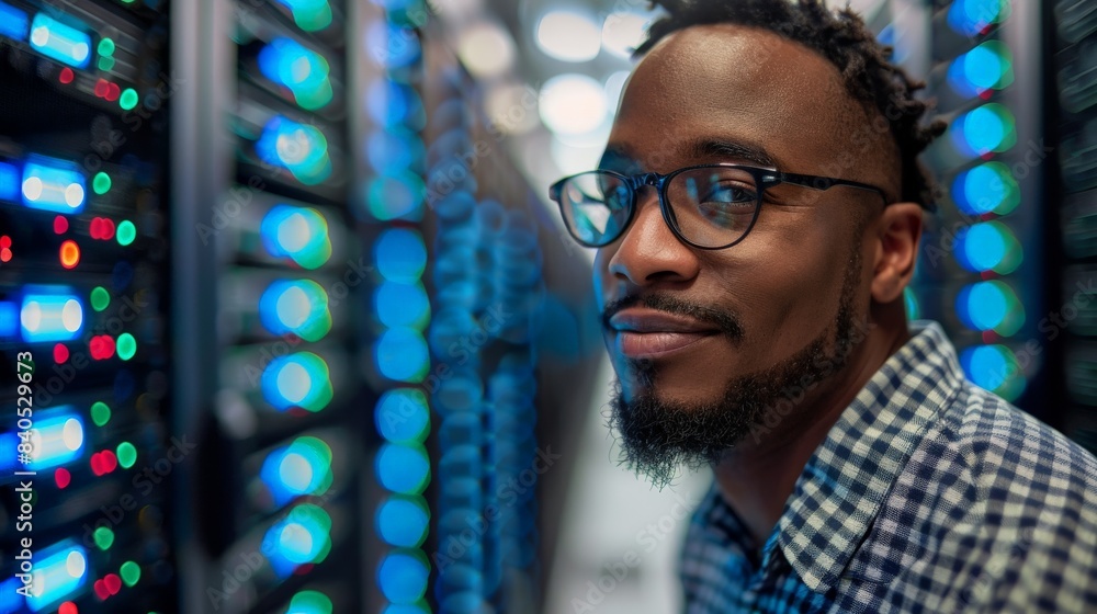 Poster a cloud computing specialist looks thoughtfully at rows of server racks in a data center, illuminate