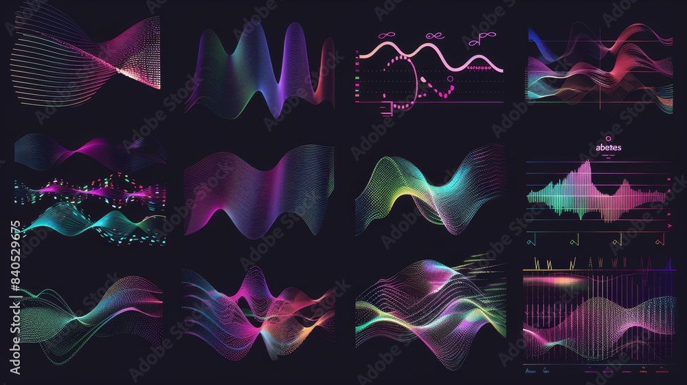 Poster an equalizer set of music visualisations and sound waves visualized in a futuristic style. the set c